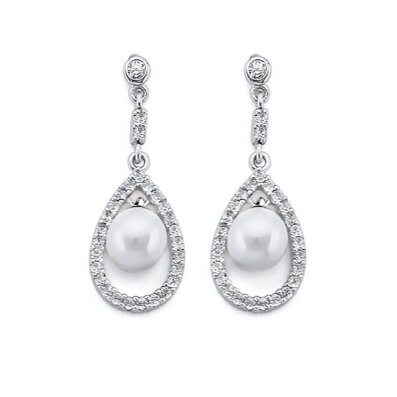 Jewelry - 14KT White Gold Cubic Zirconia and Pearl Dangle Earrings